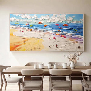 Liam O'Connell's Seaside Celebration painting, beach scene with colorful umbrellas and people, textured impasto art.