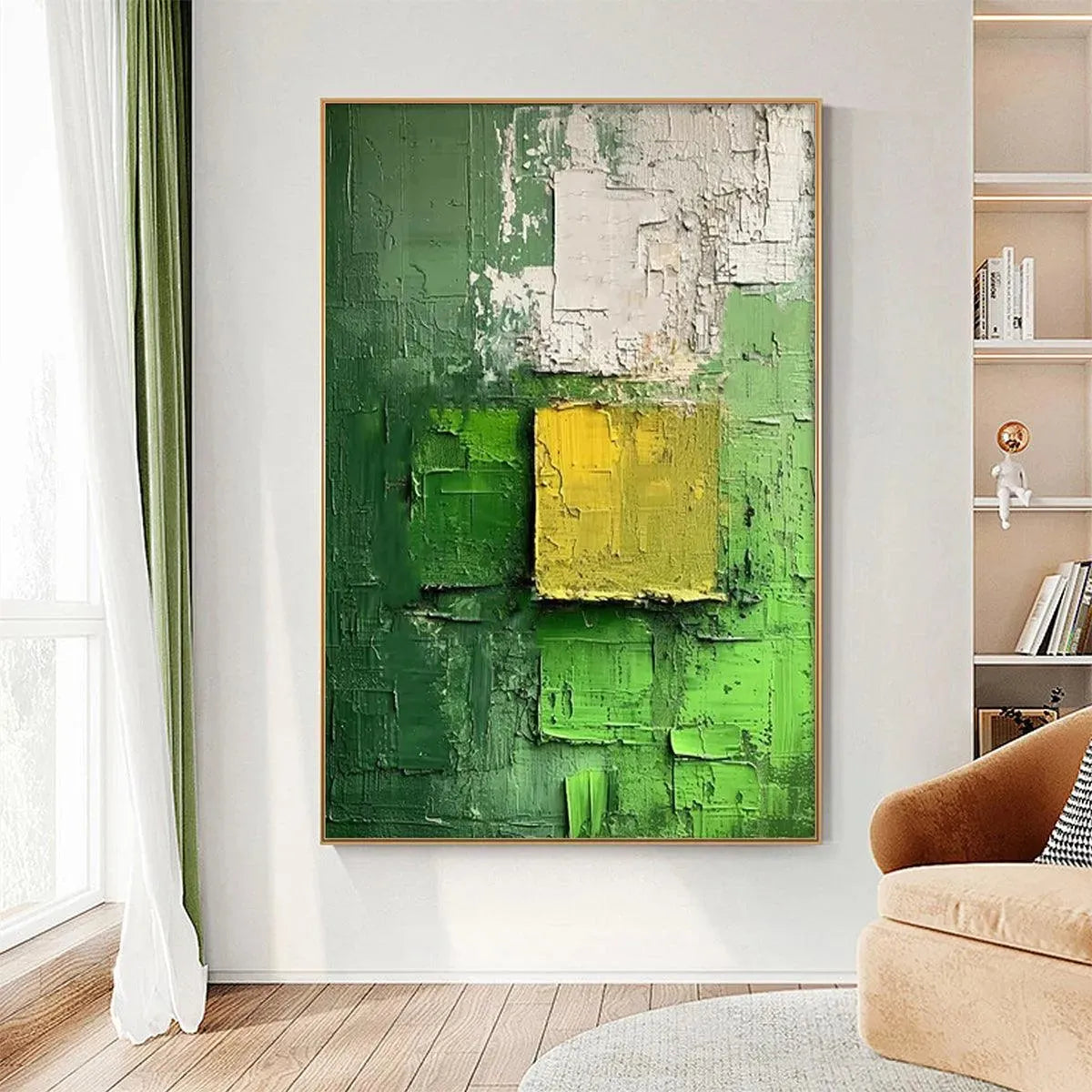 Textured Green and Yellow Abstract Painting by Isabella Rossi, vertical modern art with color contrast