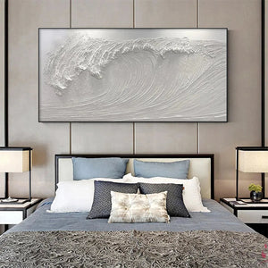 FROZEN TIDE white wave painting by Liam O'Connell, a textured artwork displayed in a bedroom setting. Monochromatic, modern art for home decor.