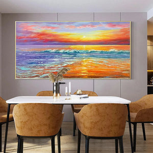 Large Tropical Sunset Beach painting illuminating a modern dining room with white table & warm tan chairs.
