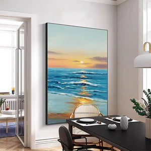 Sunkissed Shores vertical painting: serene ocean sunset with golden light on blue waves, room decor.