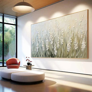 Textured Meadow floral landscape artwork, green and white impasto flowers, enhancing a minimalist modern living space.