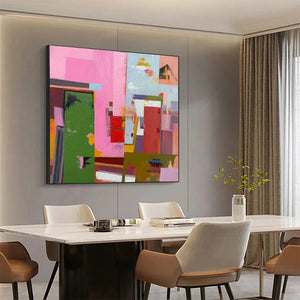 Abstract Urban Scene by Willow Davies: Square abstract painting, vibrant colors for modern wall art.