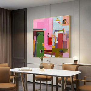 Abstract Urban Scene painting by Willow Davies, square wall art, vibrant colors, gold frame, perfect for modern decor.
