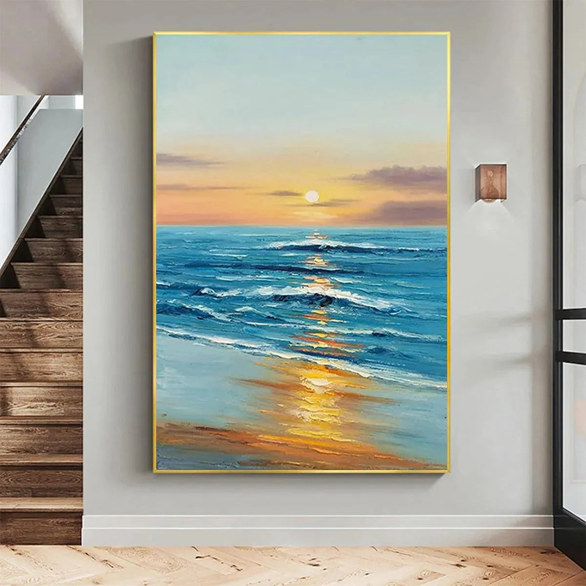 Sunkissed Shores vertical oil painting of ocean sunset with golden sun reflecting on blue waves, beach wall art.
