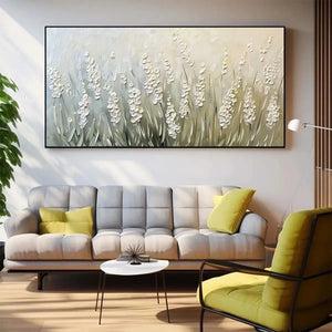 Textured Meadow green and white impasto floral painting hanging above contemporary sectional sofa in modern living room.