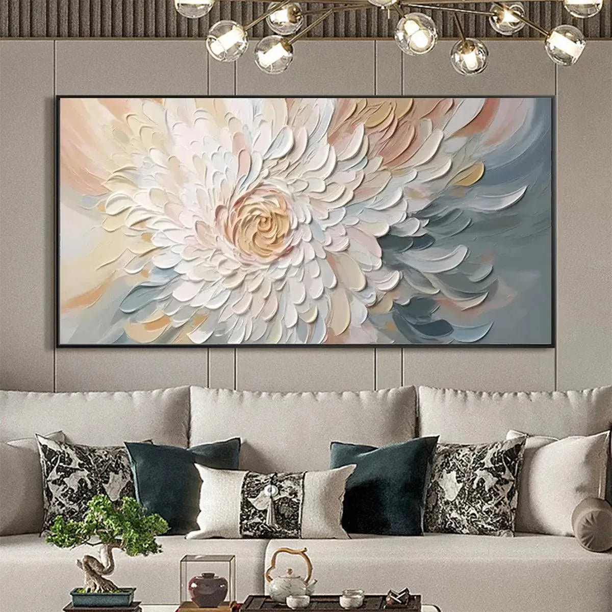 Large Petal Whirl textured floral painting in neutral tones, enhancing a modern living room above a cream sofa.