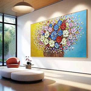 Vibrant Bouquet impasto floral painting, horizontal wall art, textured petals in a living room.
