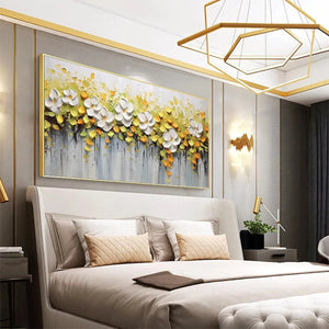White Magnolias textured floral painting in gold frame, enhancing a luxurious modern bedroom.