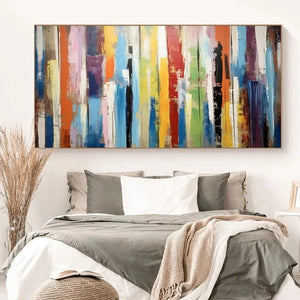 Willow Davies COLOR HARMONY abstract painting with textured vertical stripes in bedroom lifestyle setting.