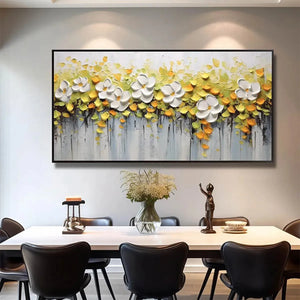 WHITE MAGNOLIAS textured artwork with impasto white flowers & yellow foliage, enhancing a modern dining room's decor.