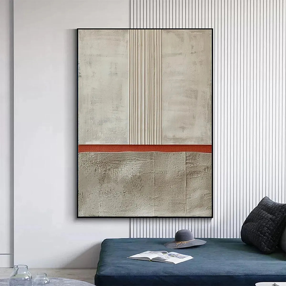 Textured minimalist landscape by Javier Ramirez, terracotta and beige abstract art, vertical lines, modern wall art