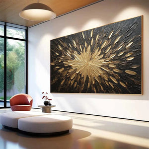 GOLDEN BURST textured impasto painting, abstract gold sunburst on black, lifestyle setting
