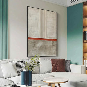 Textured Minimalist Landscape art by Javier Ramirez. Terracotta, beige abstract painting, vertical wall art.