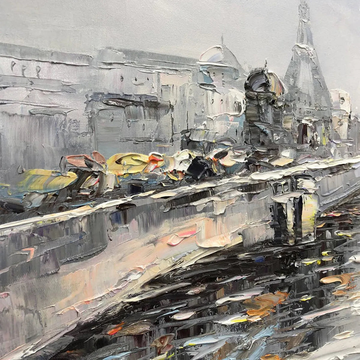 AUTUMNAL RIVER WALK: Panoramic Cityscape Oil Painting with River and Trees