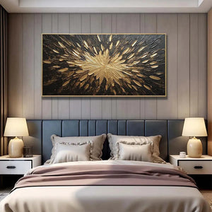 GOLDEN BURST impasto abstract painting, gold sunburst on black background, bedroom lifestyle.