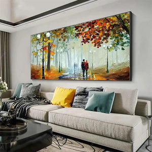 Autumn Park Stroll painting: couple walking on wet path with lampposts, vibrant fall foliage, impressionistic wall art.