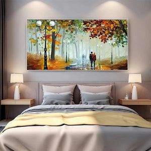 Couple walking on wet path with lampposts in vibrant autumn park painting, horizontal wall art.