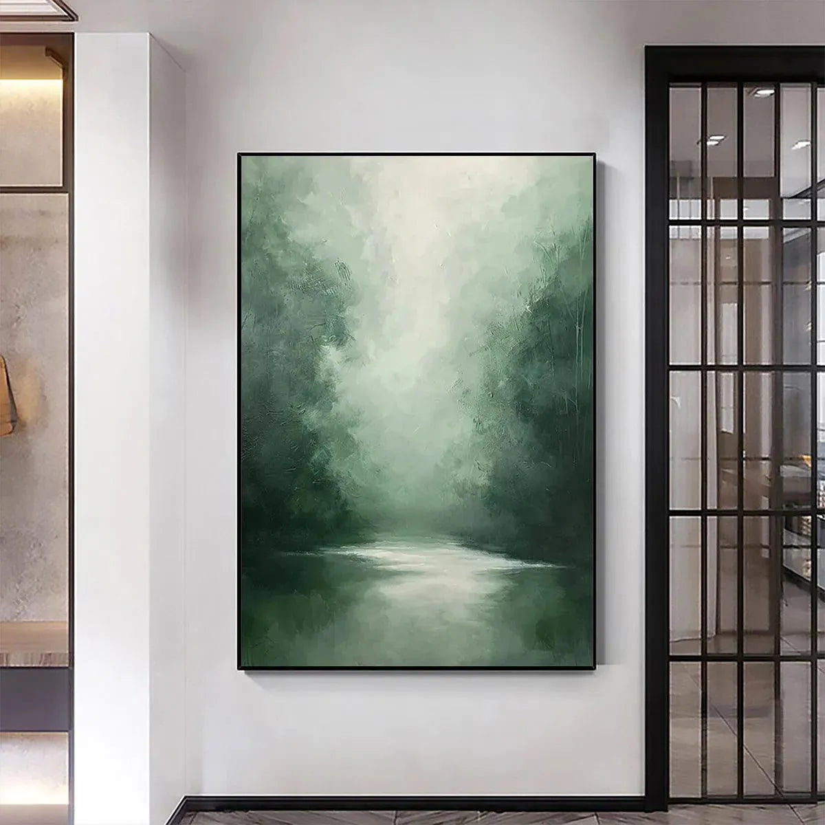 Misty Green Forest painting by Liam O'Connell, vertical wall art, atmospheric forest landscape, green hues, home decor.