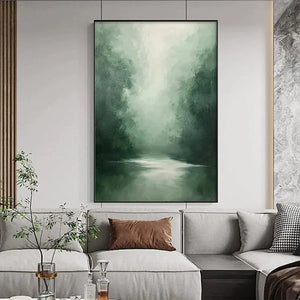 Misty Green Forest painting by Liam O'Connell, vertical wall art, forest landscape with green hues, home decor.