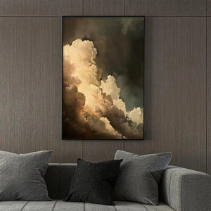 Evening Clouds painting by Liam O'Connell, vertical cloudscape art with warm tones for living room wall decor, framed.