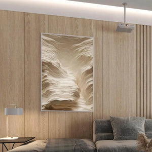 Javier Ramirez 'White Sand Dunes' textured abstract wall art, vertical, off-white tones, framed, modern decor.