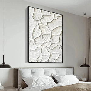White Butterflies impasto painting by Isabella Rossi, textured 3D butterfly artwork, vertical wall art, bedroom decor