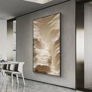 White Sand Dunes abstract painting by Javier Ramirez, vertical wall art, off-white and beige tones, framed, modern decor.