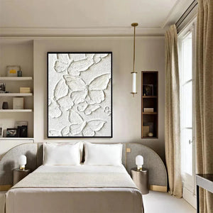 White Butterflies 3D impasto painting by Isabella Rossi, vertical wall art for bedroom decor.