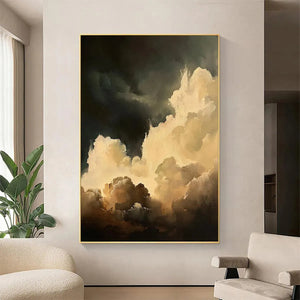 Stormy Skies painting by Liam O'Connell, vertical cloudscape art with dark and light hues, gold frame, living room decor.