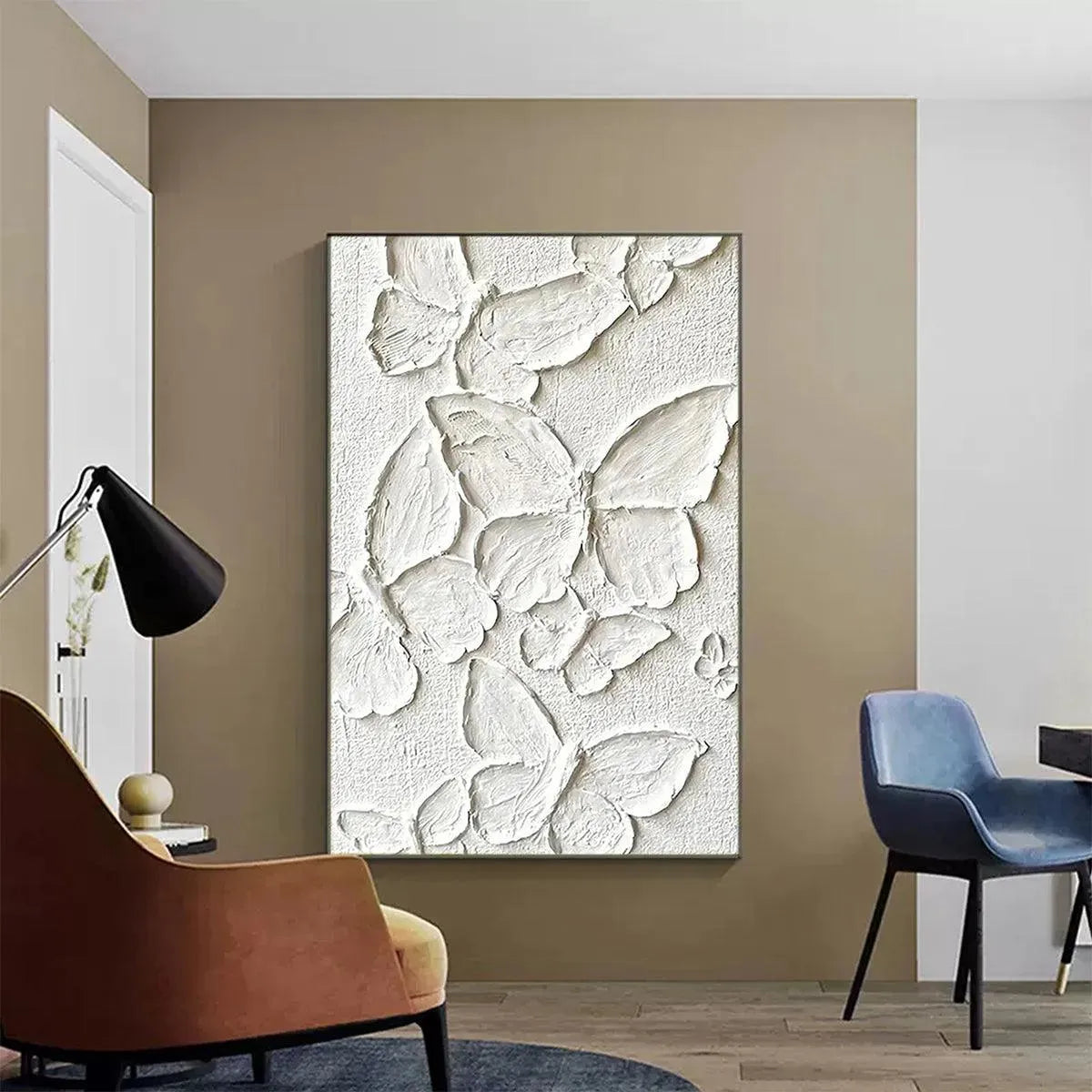 White Butterflies by Isabella Rossi: textured 3D butterfly artwork, vertical wall art, white impasto painting.