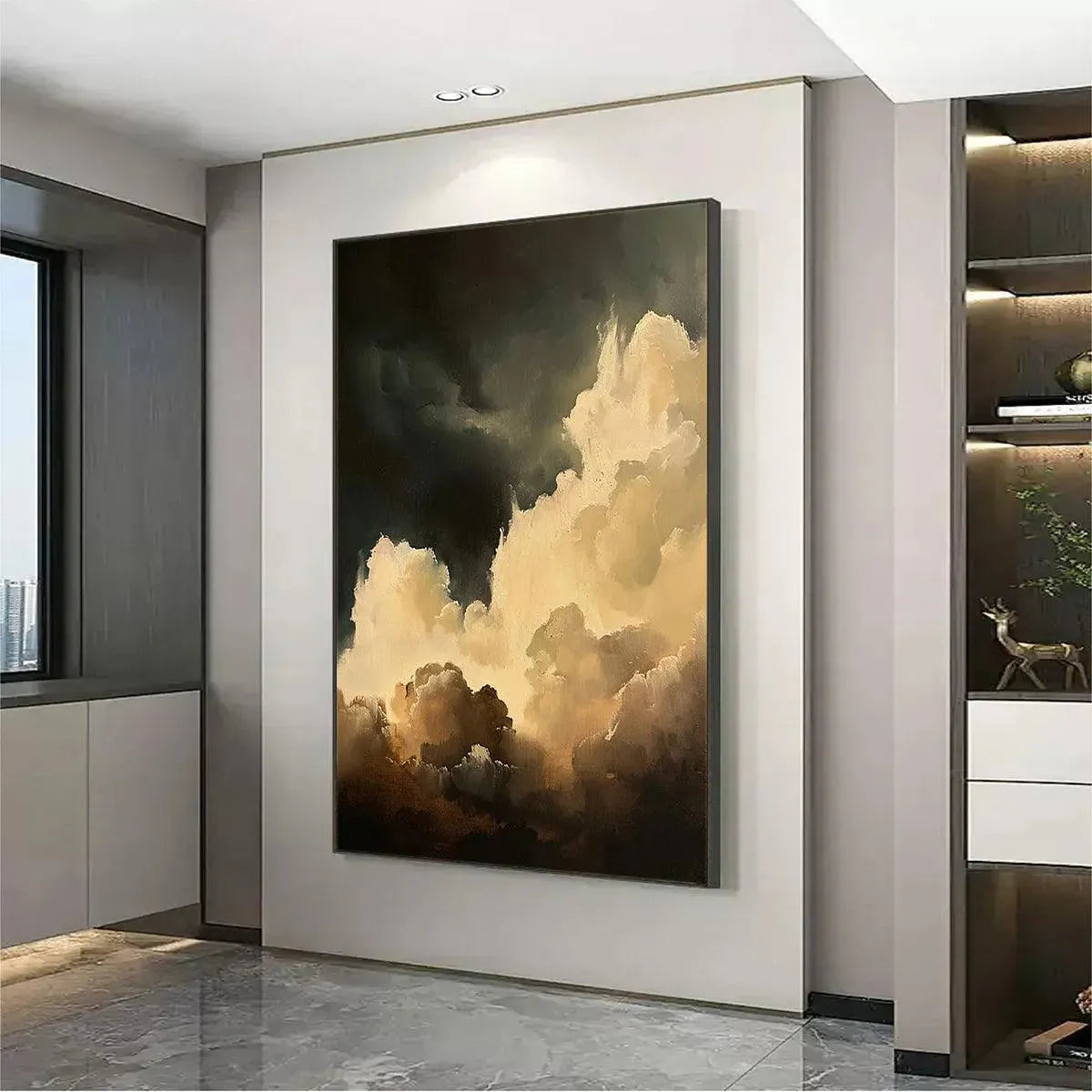 Liam O'Connell 'Stormy Skies' painting: vertical cloudscape, textured clouds, dark and light hues, framed wall art.