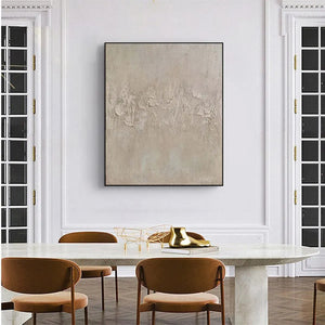 Textured beige abstract painting by Javier Ramirez. Modern minimalist wall art for home decor, neutral tones.