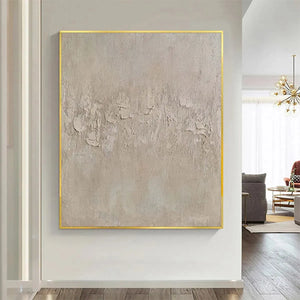 Textured beige abstract painting by Javier Ramirez, square wall art with gold frame, modern home decor, minimalist design.
