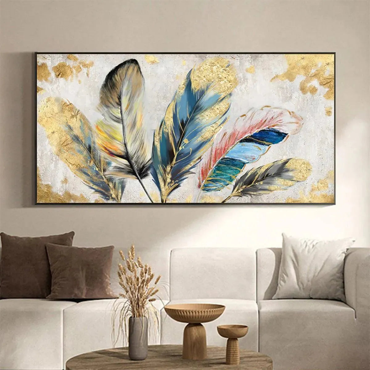 Golden blue feathers painting, horizontal wall art. Teal, blue, pink, gray, yellow feathers with gold leaf.