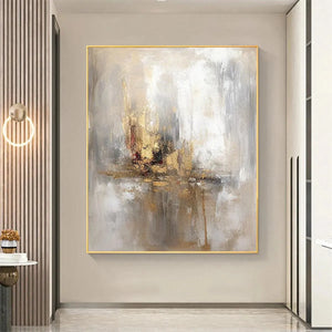Golden Abstract by Willow Davies: Vertical textured painting with gold, grey, and white tones, perfect for modern wall decor.