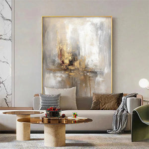 Golden Abstract painting by Willow Davies, vertical wall art in gold, grey, and white tones, modern home decor.