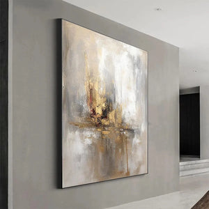 Golden Abstract Painting by Willow Davies, vertical wall art with gold, grey, and white tones, perfect for modern home decor.