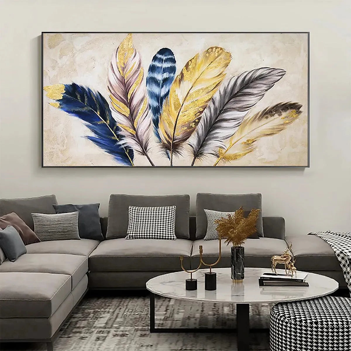 Golden Feathers painting by Elodie Dubois, panoramic wall art in blue, gold, and grey tones, perfect for wall decor.