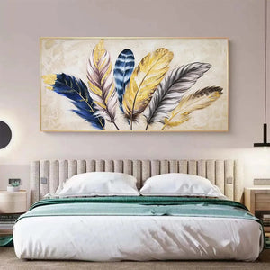 Golden Feathers painting by Elodie Dubois, horizontal wall art in gold, blue, and grey tones for bedroom decor.
