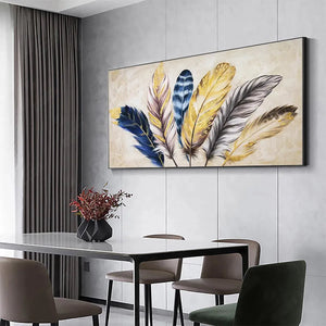 Golden Feathers painting by Elodie Dubois, panoramic wall art with gold, blue, and grey feathers, for wall decor.