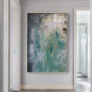 Isabella Rossi Textured Green Abstract impasto painting, vertical wall art with green, black and white tones, gold frame