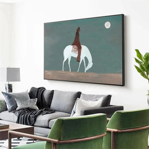 SOLITARY RIDER painting by Liam O'Connell, white horse, brown-clad rider, full moon, panoramic wall art, black frame.
