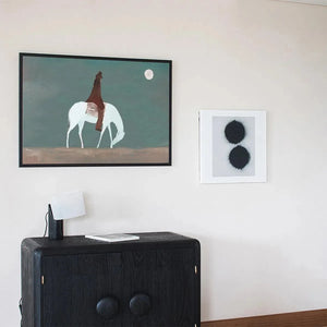 SOLITARY RIDER painting by Liam O'Connell, minimalist art featuring white horse, rider, and full moon, panoramic wall art