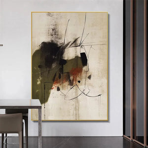 Liam O'Connell UNTITLED ABSTRACT minimalist art in earthy tones, vertical wall art with gold frame, perfect for modern decor.