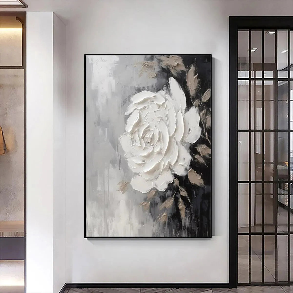 Textured White Rose impasto painting by Isabella Rossi, square wall art with white rose on gray background