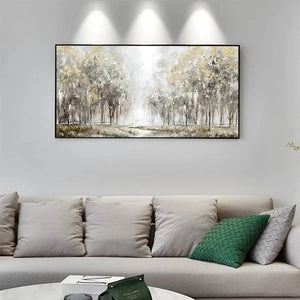 Golden Forest Path panoramic painting by Liam O'Connell. Gold and grey forest landscape for wall art, interior decor.