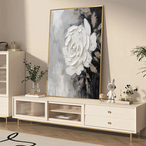 Textured white rose impasto painting by Isabella Rossi, square wall art with gold frame, modern home decor