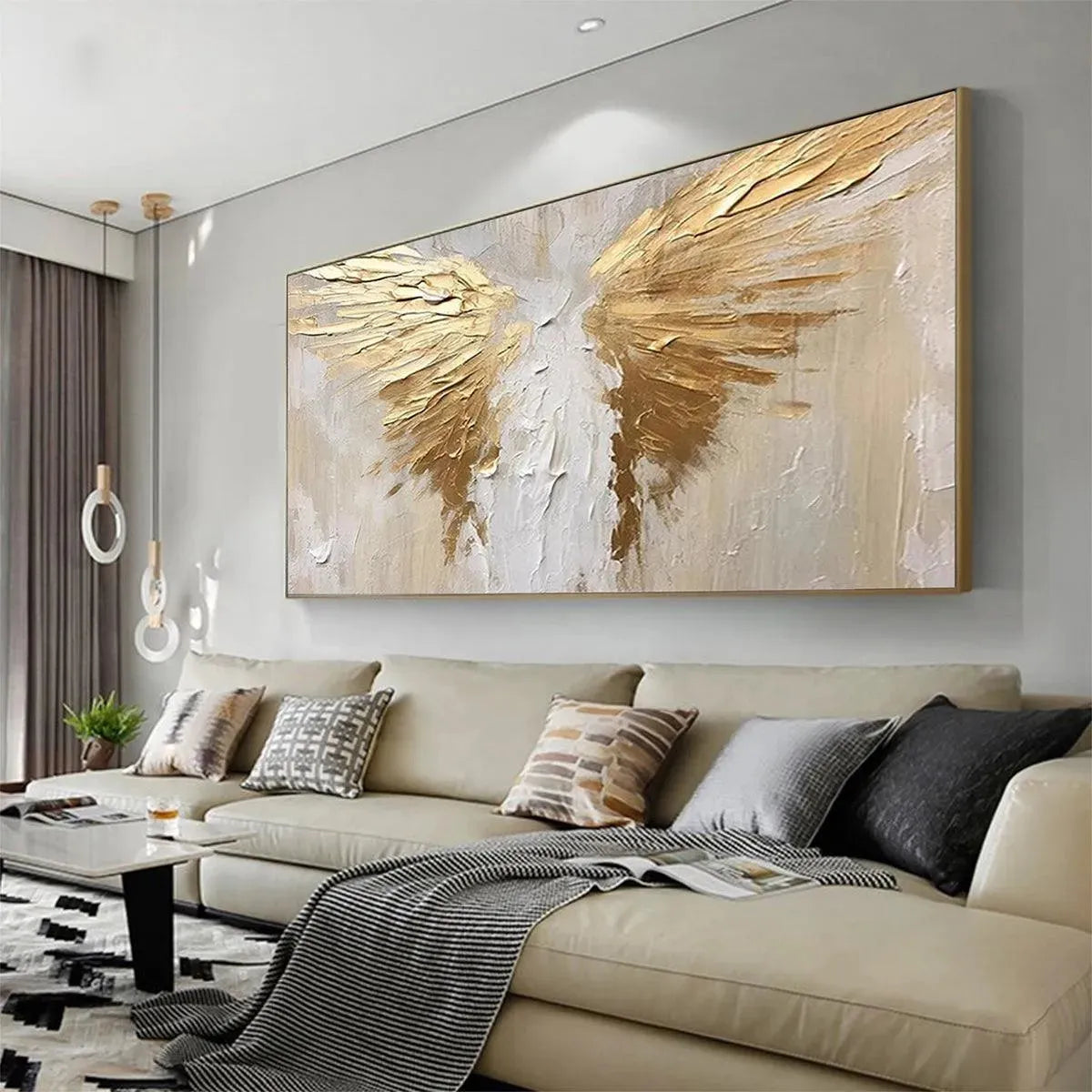 Textured abstract painting of golden wings on beige background, modern panoramic canvas art