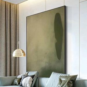 Olive Serenity: vertical abstract painting, muted olive green & beige tones in modern living room.